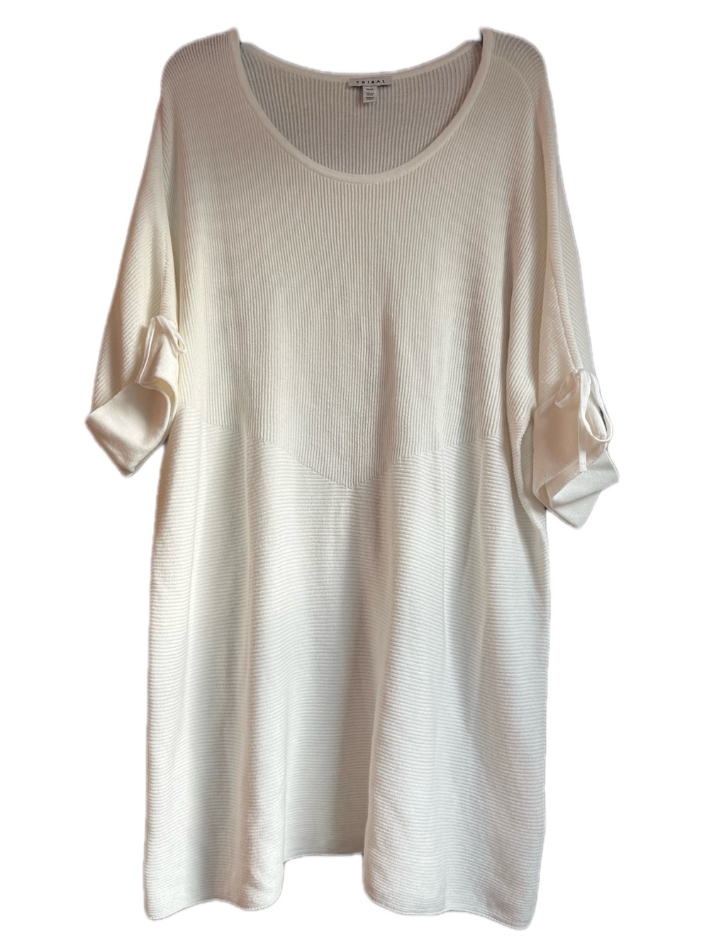Tribal Scoop Neck Slub Knit Tunic Dress Sleeve Ties Cream White XL Boho Knit